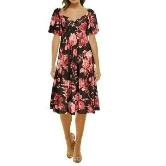NWT ASOS Floral Print Twist Cut Out Back Flatter Sleeves Pleated Midi Dress - Picture 1 of 6